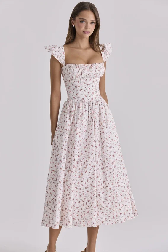 Livia White Rose Print Cotton Midi Sundress Livia White Rose Print Cotton Midi Sundress