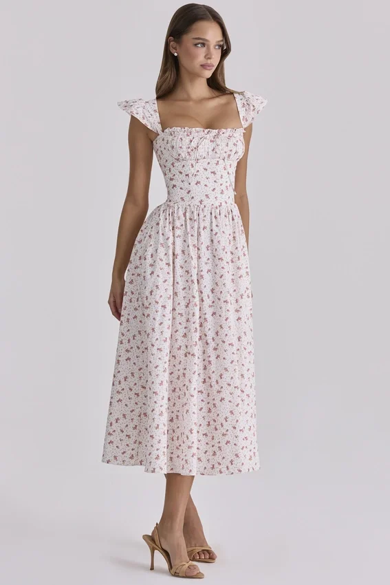 Livia White Rose Print Cotton Midi Sundress Livia White Rose Print Cotton Midi Sundress