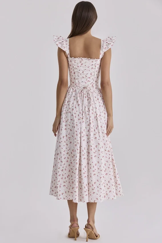 Livia White Rose Print Cotton Midi Sundress Livia White Rose Print Cotton Midi Sundress