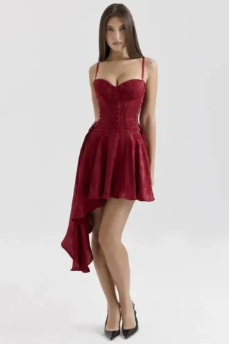 Lola Wine Jacquard Satin Draped Mini Dress Lola Wine Jacquard Satin Draped Mini Dress