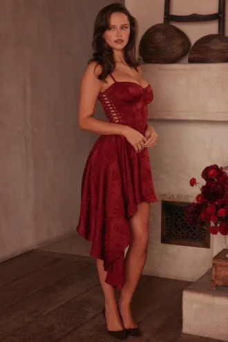 Lola Wine Jacquard Satin Draped Mini Dress Lola Wine Jacquard Satin Draped Mini Dress