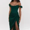 Loretta Emerald Green Satin Off Shoulder Dress Loretta Emerald Green Satin Off Shoulder Dress