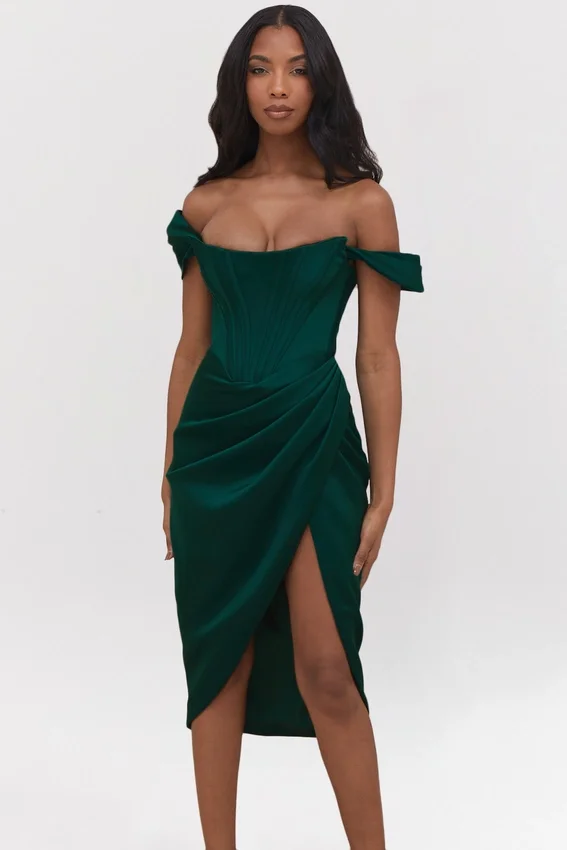 Loretta Emerald Green Satin Off Shoulder Dress Loretta Emerald Green Satin Off Shoulder Dress