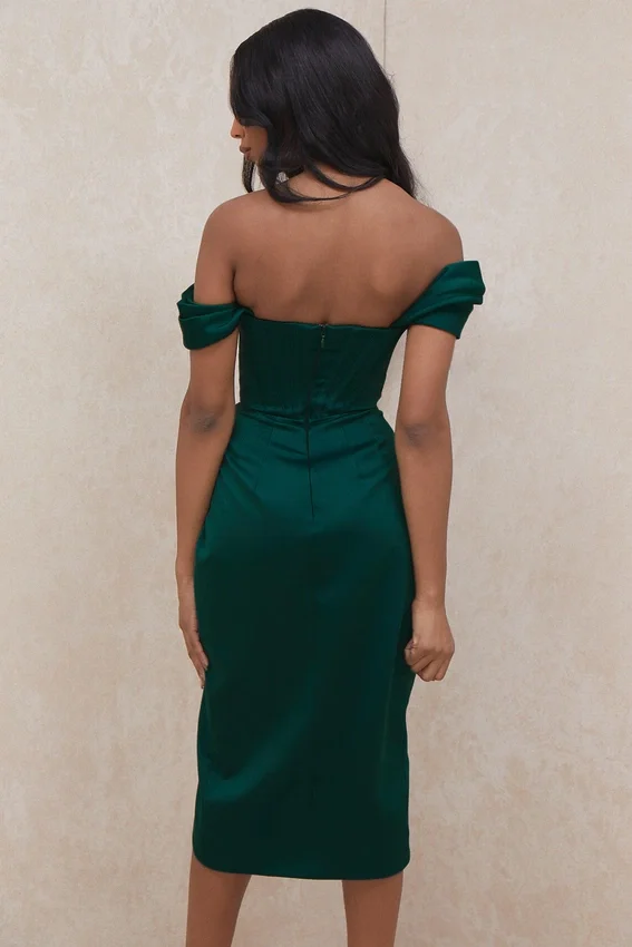 Loretta Emerald Green Satin Off Shoulder Dress Loretta Emerald Green Satin Off Shoulder Dress