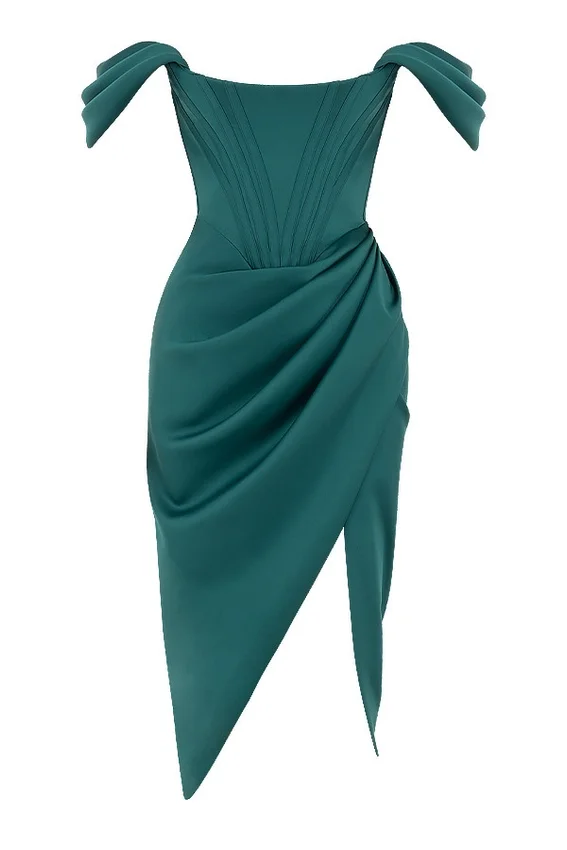 Loretta Emerald Green Satin Off Shoulder Dress Loretta Emerald Green Satin Off Shoulder Dress