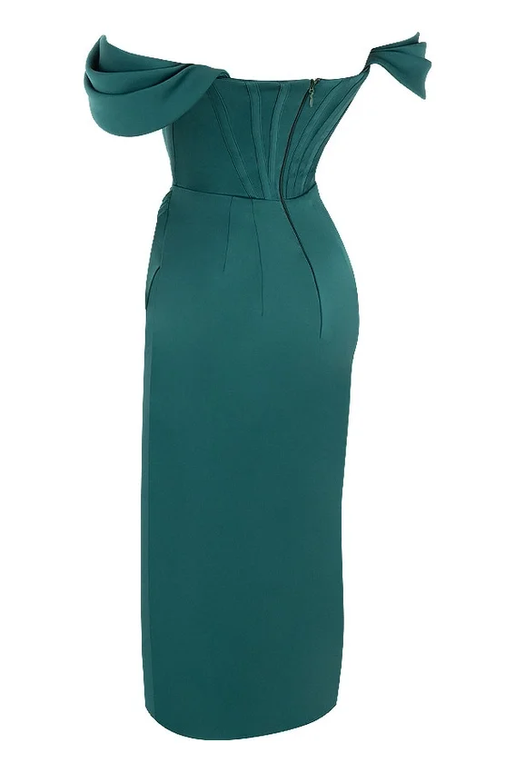 Loretta Emerald Green Satin Off Shoulder Dress Loretta Emerald Green Satin Off Shoulder Dress