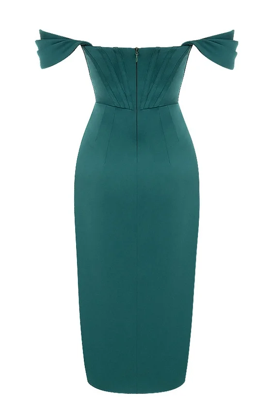 Loretta Emerald Green Satin Off Shoulder Dress Loretta Emerald Green Satin Off Shoulder Dress