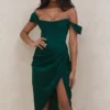 Loretta Emerald Green Satin Off Shoulder Dress Loretta Emerald Green Satin Off Shoulder Dress