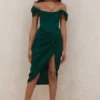 Loretta Emerald Green Satin Off Shoulder Dress Loretta Emerald Green Satin Off Shoulder Dress