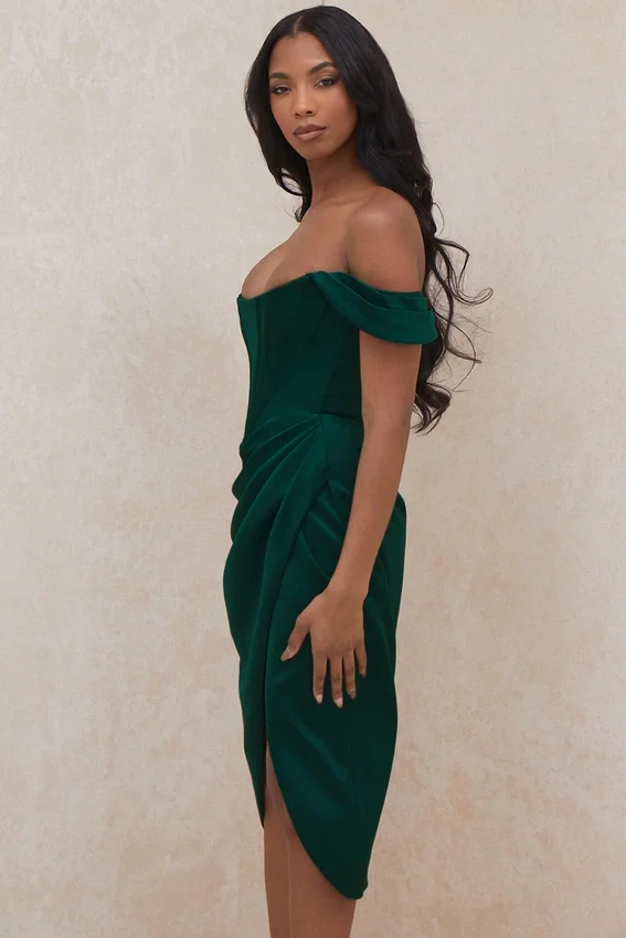 Loretta Emerald Green Satin Off Shoulder Dress Loretta Emerald Green Satin Off Shoulder Dress