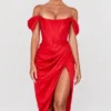 Loretta Red Satin Off Shoulder Dress Loretta Red Satin Off Shoulder Dress