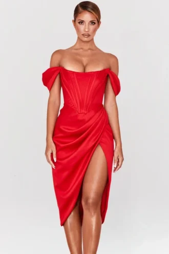 Loretta Red Satin Off Shoulder Dress