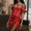 Loretta Red Satin Off Shoulder Dress Loretta Red Satin Off Shoulder Dress