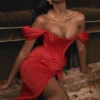 Loretta Red Satin Off Shoulder Dress Loretta Red Satin Off Shoulder Dress