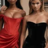 Loretta Red Satin Off Shoulder Dress Loretta Red Satin Off Shoulder Dress