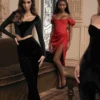 Loretta Red Satin Off Shoulder Dress Loretta Red Satin Off Shoulder Dress