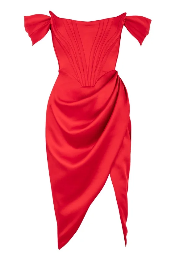 Loretta Red Satin Off Shoulder Dress Loretta Red Satin Off Shoulder Dress