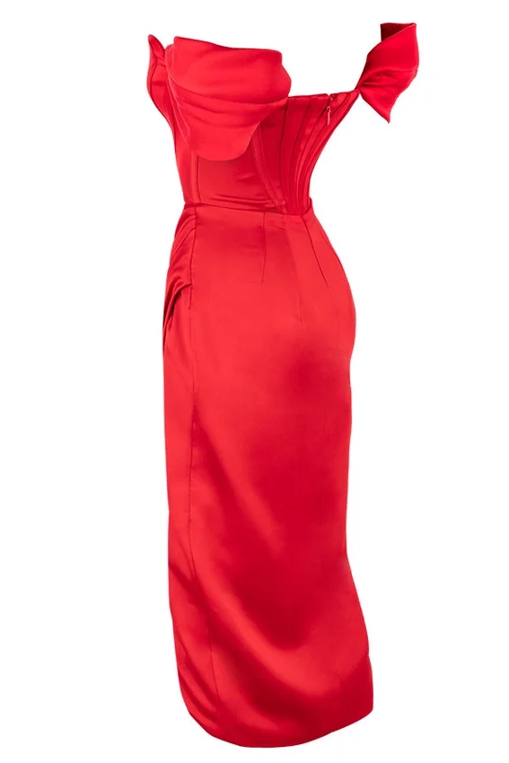 Loretta Red Satin Off Shoulder Dress Loretta Red Satin Off Shoulder Dress