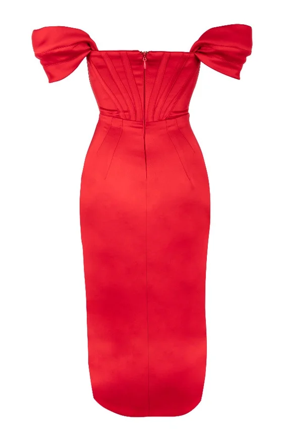 Loretta Red Satin Off Shoulder Dress Loretta Red Satin Off Shoulder Dress