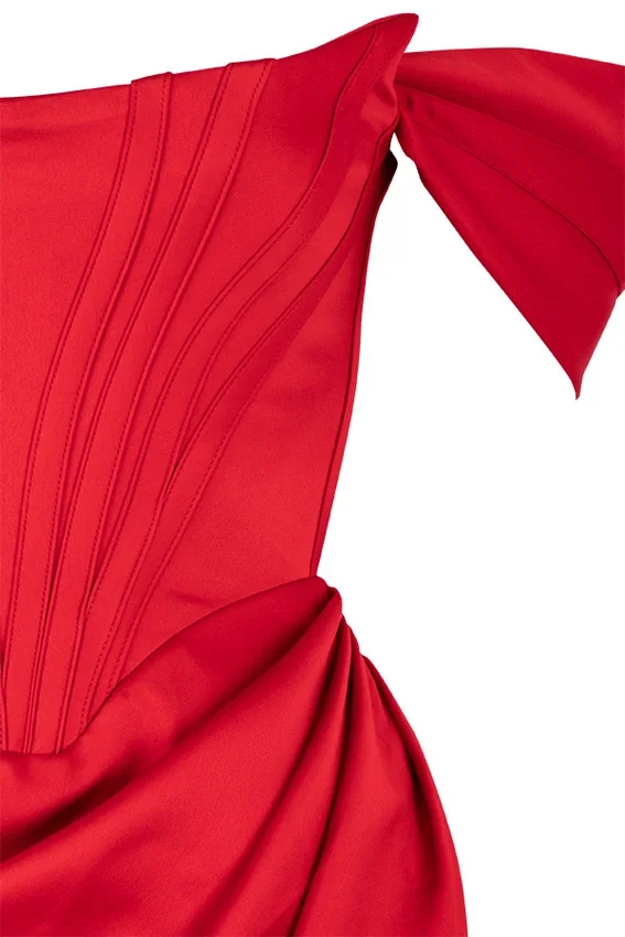 Loretta Red Satin Off Shoulder Dress Loretta Red Satin Off Shoulder Dress