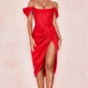 Loretta Red Satin Off Shoulder Dress Loretta Red Satin Off Shoulder Dress
