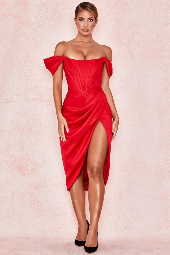 Loretta Red Satin Off Shoulder Dress Loretta Red Satin Off Shoulder Dress