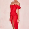 Loretta Red Satin Off Shoulder Dress Loretta Red Satin Off Shoulder Dress