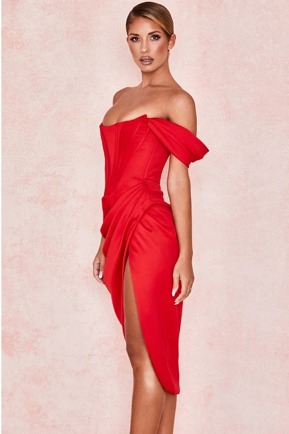 Loretta Red Satin Off Shoulder Dress Loretta Red Satin Off Shoulder Dress