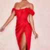 Loretta Red Satin Off Shoulder Dress Loretta Red Satin Off Shoulder Dress