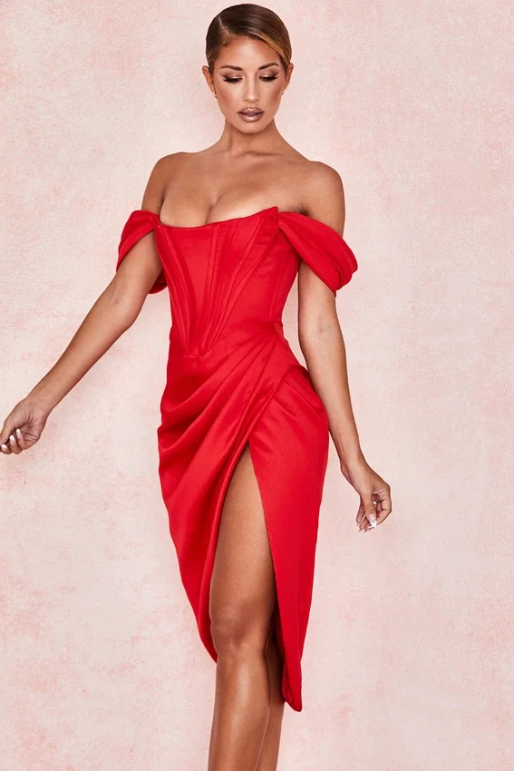 Loretta Red Satin Off Shoulder Dress Loretta Red Satin Off Shoulder Dress
