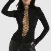 Lori Black Crystallised Lace Up Top