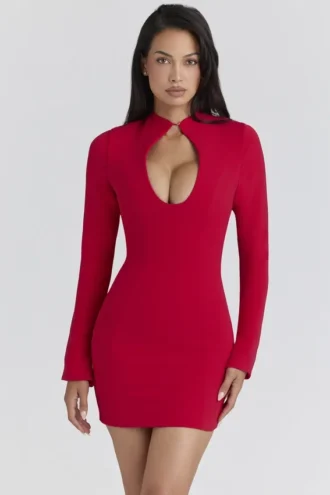 Lotus Red Crepe Keyhole Silhouette Mini Dress