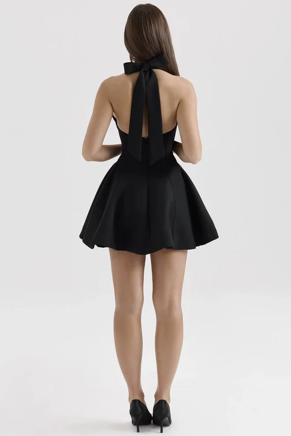 Loulette Black Halter Neck Bow Mini Dress Loulette Black Halter Neck Bow Mini Dress