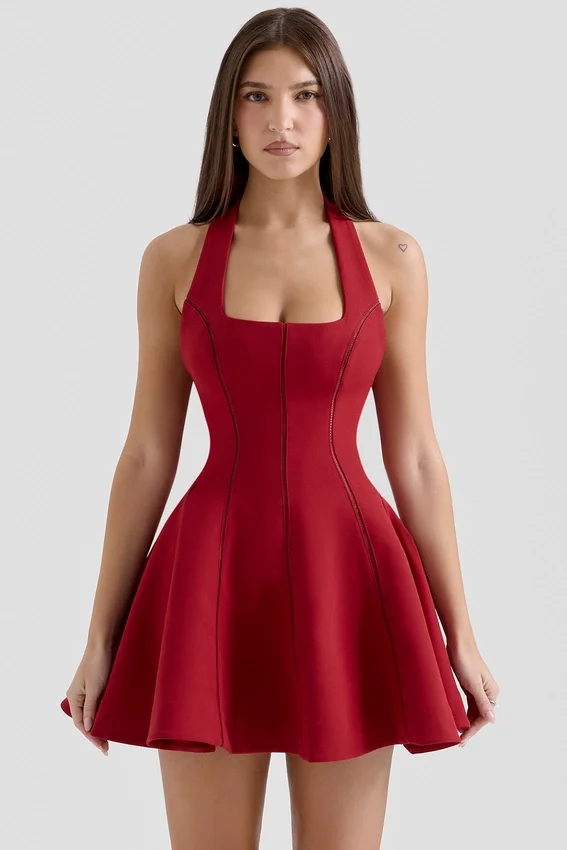 Loulette Red Halter Neck Bow Mini Dress Loulette Red Halter Neck Bow Mini Dress