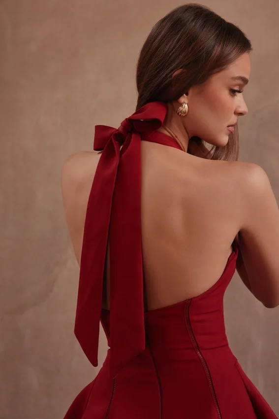 Loulette Red Halter Neck Bow Mini Dress Loulette Red Halter Neck Bow Mini Dress