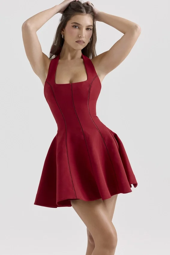Loulette Red Halter Neck Bow Mini Dress Loulette Red Halter Neck Bow Mini Dress