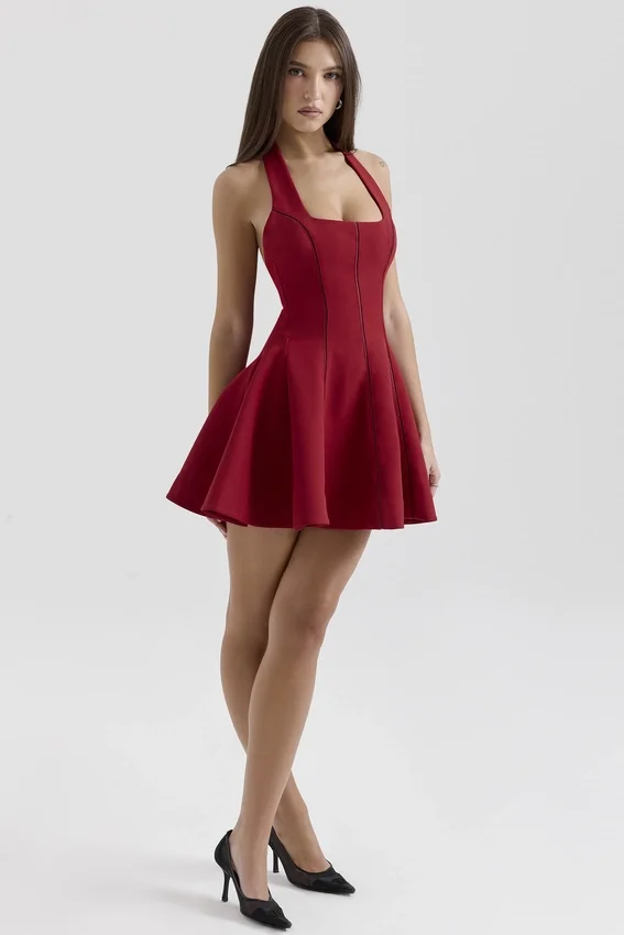 Loulette Red Halter Neck Bow Mini Dress Loulette Red Halter Neck Bow Mini Dress