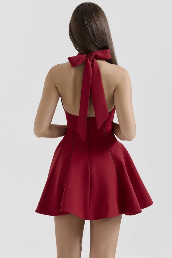 Loulette Red Halter Neck Bow Mini Dress Loulette Red Halter Neck Bow Mini Dress