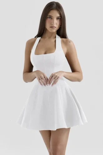 Loulette White Halter Neck Bow Mini Dress