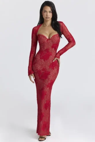 Lucienne Red Lace Embroidered Maxi Dress – Limited Edition