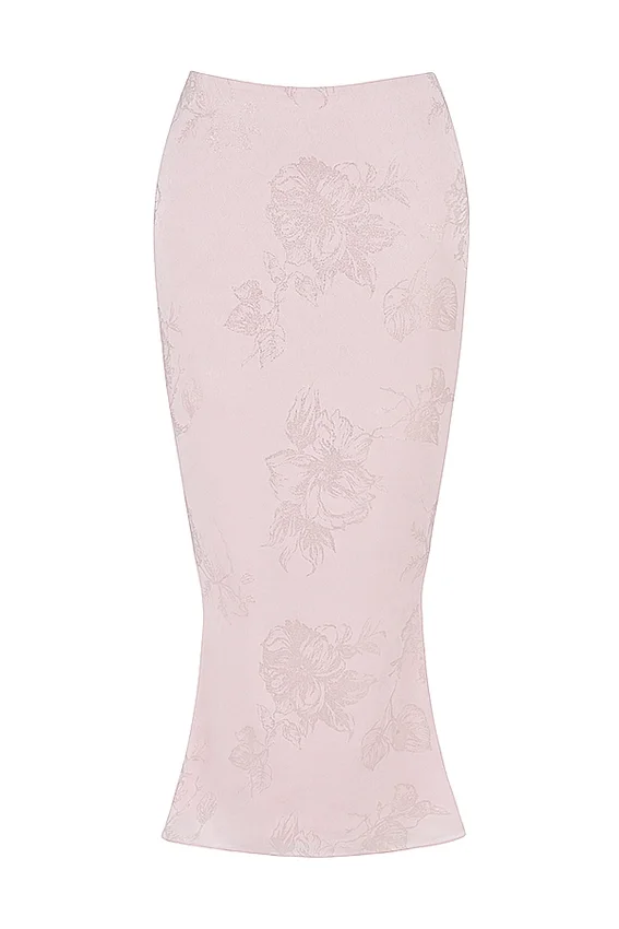 Luisette Pink Metallic Floral Satin Midi Skirt Luisette Pink Metallic Floral Satin Midi Skirt