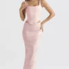 Luisette Pink Metallic Floral Satin Midi Skirt Luisette Pink Metallic Floral Satin Midi Skirt