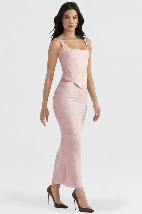 Luisette Pink Metallic Floral Satin Midi Skirt Luisette Pink Metallic Floral Satin Midi Skirt