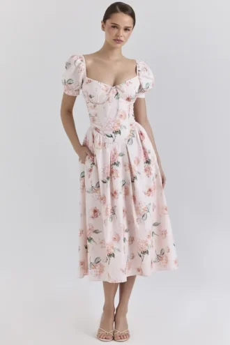Lulabell Peach Floral Cotton Puff Sleeve Midi Dress