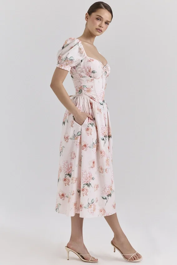 Lulabell Peach Floral Cotton Puff Sleeve Midi Dress Lulabell Peach Floral Cotton Puff Sleeve Midi Dress