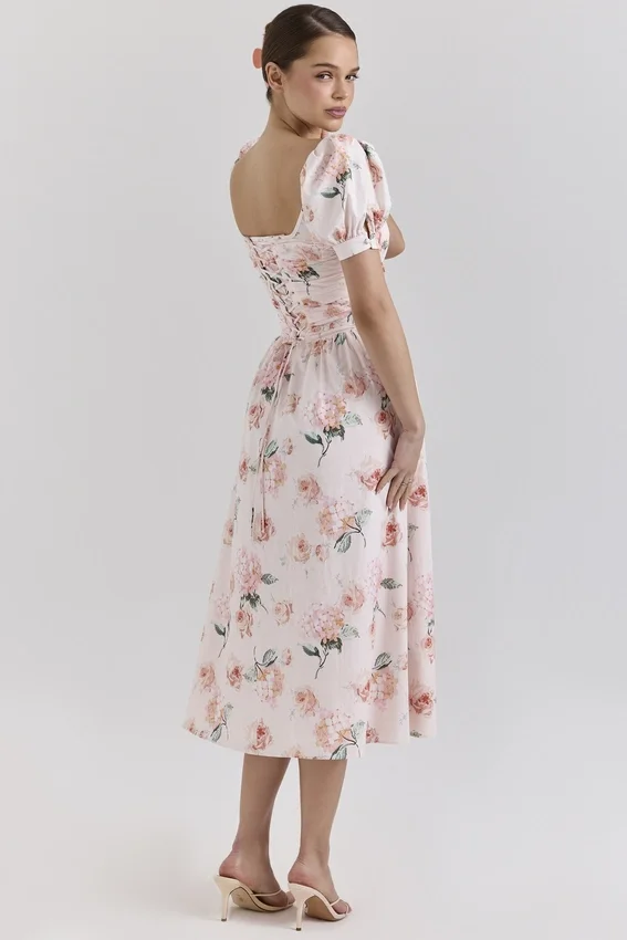 Lulabell Peach Floral Cotton Puff Sleeve Midi Dress Lulabell Peach Floral Cotton Puff Sleeve Midi Dress