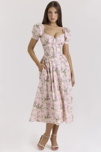 Lulabell Pink Ribbon Print Cotton Midi Dress