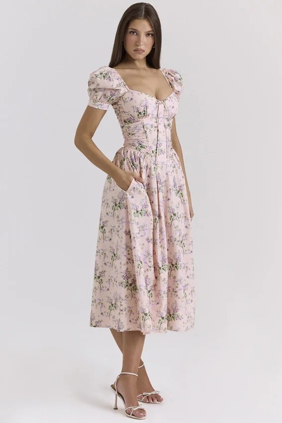 Lulabell Pink Ribbon Print Cotton Midi Dress Lulabell Pink Ribbon Print Cotton Midi Dress