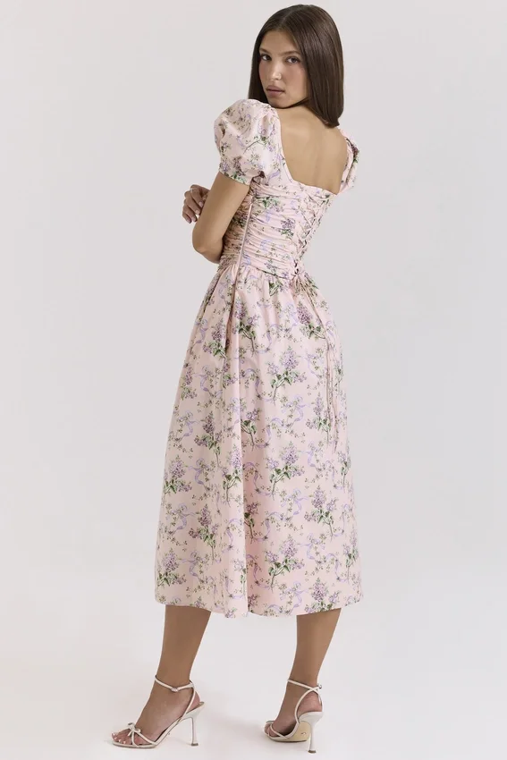 Lulabell Pink Ribbon Print Cotton Midi Dress Lulabell Pink Ribbon Print Cotton Midi Dress