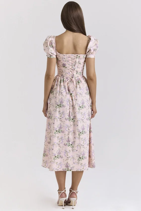 Lulabell Pink Ribbon Print Cotton Midi Dress Lulabell Pink Ribbon Print Cotton Midi Dress